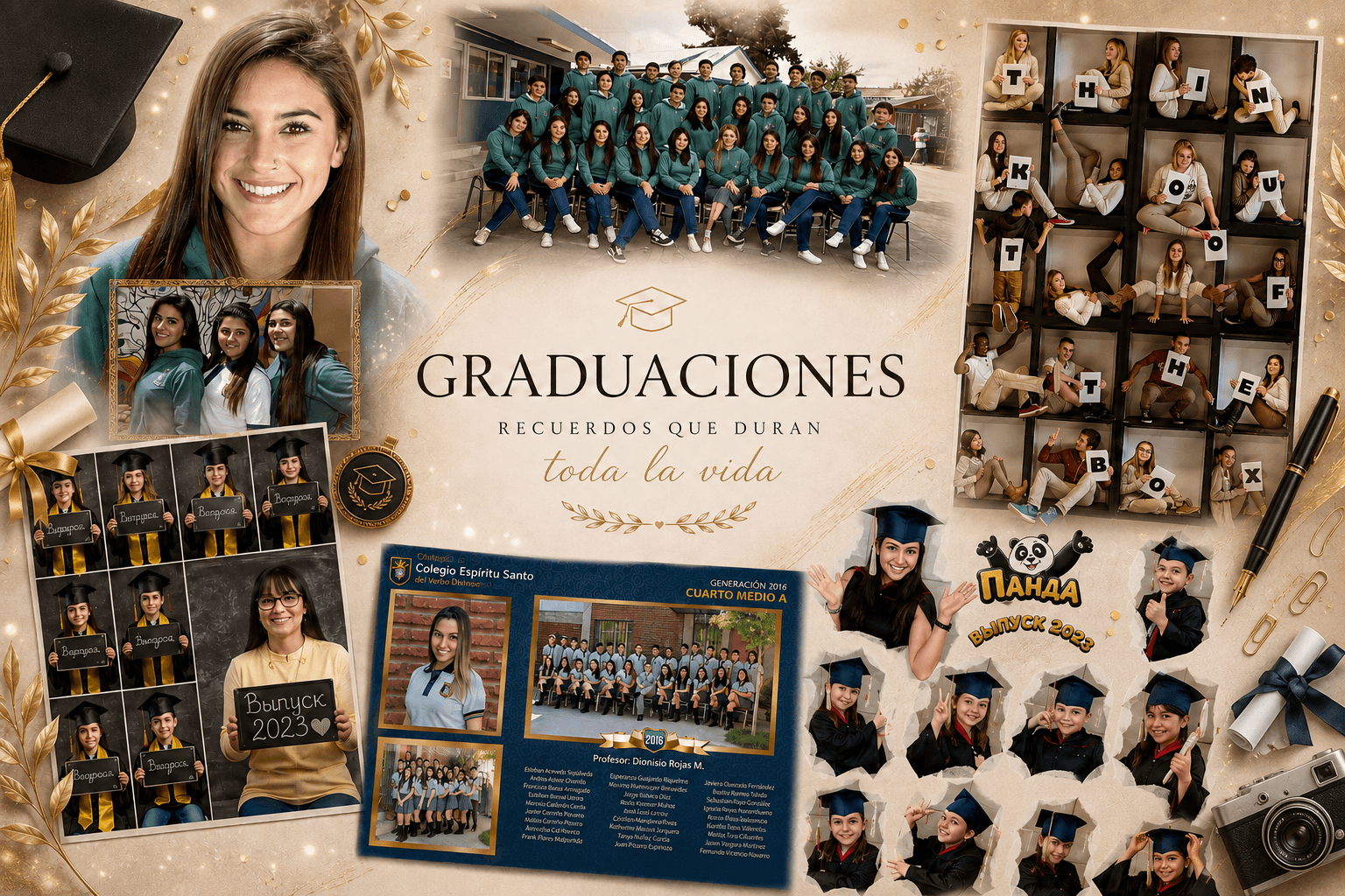 Mosaico de referencia con plantillas de cuadro de graduación: retrato individual, foto grupal del curso y detalles decorativos.